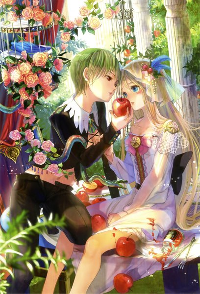 Anime picture 2648x3890 with original fuzichoco long hair tall image blush highres short hair blue eyes blonde hair red eyes multiple girls absurdres green hair shoujo ai girl dress flower (flowers) 2 girls plant (plants) pants