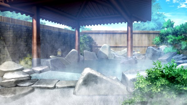 Anime picture 2050x1153 with love la bride highres wide image game cg no people steam rock plant (plants) fence onsen