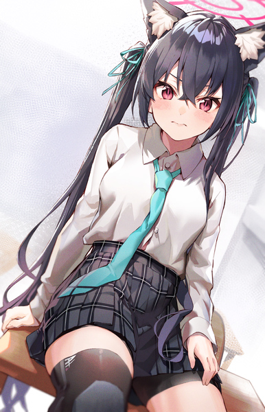 Anime picture 1059x1645 with blue archive serika (blue archive) black cola single long hair tall image looking at viewer fringe black hair hair between eyes red eyes sitting twintails animal ears slit pupils girl uniform school uniform shirt necktie