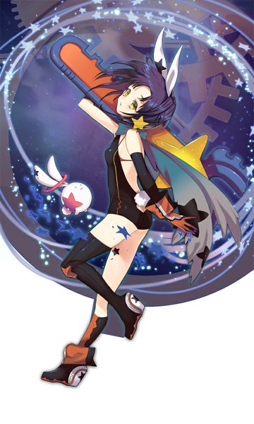Anime picture 600x1000 with original enk single tall image looking at viewer short hair standing bare shoulders yellow eyes purple hair bent knee (knees) standing on one leg girl gloves hair ornament boots star (symbol) star hair ornament