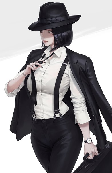 Anime picture 913x1400 with original nuker (nukerdraws) single tall image short hair breasts black hair simple background standing holding green eyes looking away nail polish fingernails shaded face black nail polish clothes on shoulders adjusting necktie girl hat