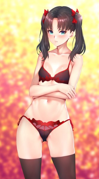 Anime picture 553x1000 with fate (series) fate/stay night toosaka rin zucchini single long hair tall image blush fringe blue eyes light erotic black hair simple background standing twintails bare shoulders bare belly depth of field underwear only flat chest
