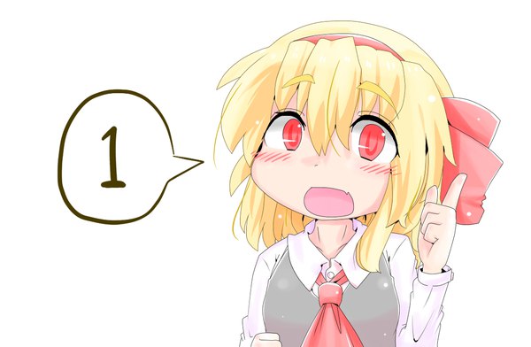 Anime picture 1100x719 with touhou rumia aoihitsuji single looking at viewer blush fringe short hair open mouth simple background blonde hair hair between eyes red eyes white background :d girl shirt white shirt hairband vest