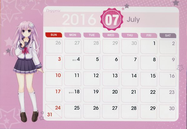 Anime picture 5301x3663 with choujigen game neptune nepgear single long hair looking at viewer fringe highres smile purple eyes pink hair absurdres scan character names pink background calendar 2016 girl uniform socks serafuku hairclip