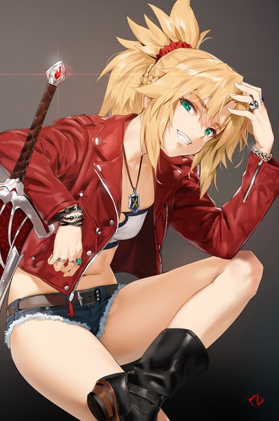 Anime picture 1000x1510 with fate (series) fate/grand order fate/apocrypha mordred (fate) yd (orange maru) single long hair tall image looking at viewer fringe light erotic blonde hair simple background smile hair between eyes sitting signed payot ponytail braid (braids)