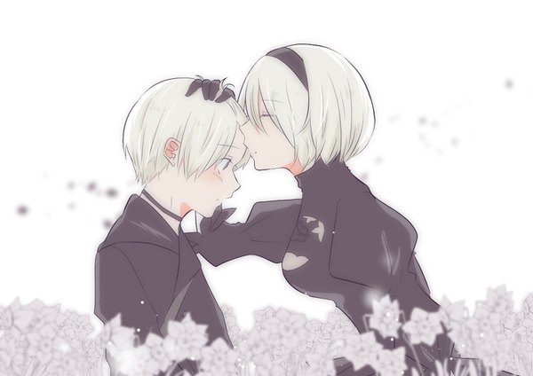 Anime picture 1414x1000 with nier nier:automata yorha no. 2 type b yorha no. 9 type s hikari (sunincense) blush fringe short hair blue eyes standing white background white hair eyes closed profile mole mole under mouth kiss hand on another's head forehead kiss girl