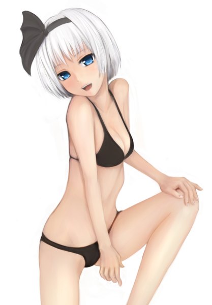 Anime picture 1000x1437 with touhou konpaku youmu 96tuki single tall image looking at viewer blush short hair open mouth light erotic simple background smile white background bare shoulders white hair teeth bare belly girl ribbon (ribbons) swimsuit