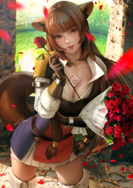 Anime picture 2481x3508 with tate no yuusha no nariagari kinema citrus raphtalia zumi (zumidraws) single long hair tall image looking at viewer fringe highres breasts light erotic smile brown hair standing holding brown eyes signed animal ears payot