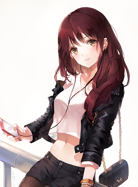 Anime picture 630x852 with original emyo single long hair tall image looking at viewer blush breasts simple background brown hair white background holding brown eyes signed light smile open clothes open jacket bare belly piercing ear piercing