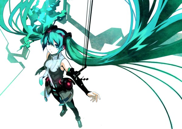 Anime picture 1200x848 with vocaloid vocaloid append hatsune miku hatsune miku (append) damin (won) single white background very long hair aqua eyes aqua hair girl thighhighs detached sleeves necktie