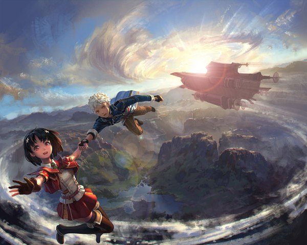 Anime picture 1500x1200 with eiyuu densetsu falcom (studio) ayane (artist) looking at viewer short hair open mouth smile red eyes brown hair brown eyes sky cloud (clouds) white hair pleated skirt hair flower sunlight outstretched arm holding hands mountain landscape