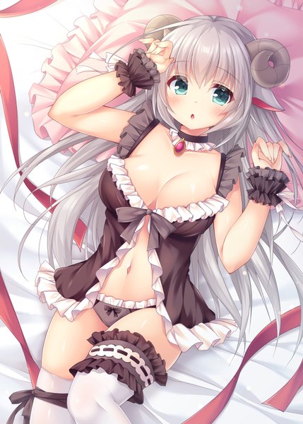 Anime picture 648x906 with original fujikura ryuune single long hair tall image blush breasts open mouth light erotic large breasts animal ears ahoge lying horn (horns) aqua eyes grey hair frilled panties thighhighs navel underwear