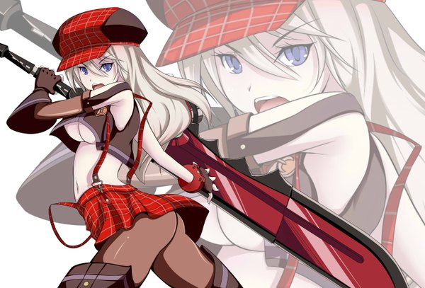 Anime picture 2800x1900 with god eater god eater burst ufotable alisa ilinichina amiella kotuzui yositune (artist) long hair highres open mouth purple eyes white hair zoom layer girl gloves hat sword
