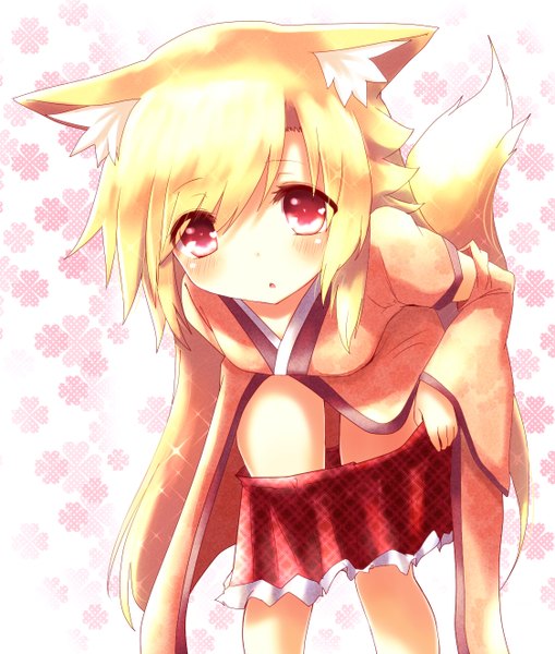 Anime picture 1124x1324 with original naomi (sekai no hate no kissaten) single tall image looking at viewer blush blonde hair red eyes fox ears fox tail fox girl floral background girl skirt miniskirt