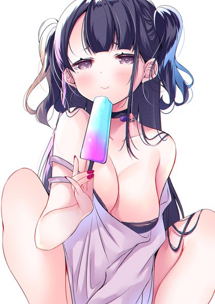 Anime picture 1200x1698 with original ko yu single long hair tall image looking at viewer blush fringe breasts light erotic black hair simple background large breasts white background sitting purple eyes holding bent knee (knees) blunt bangs nail polish