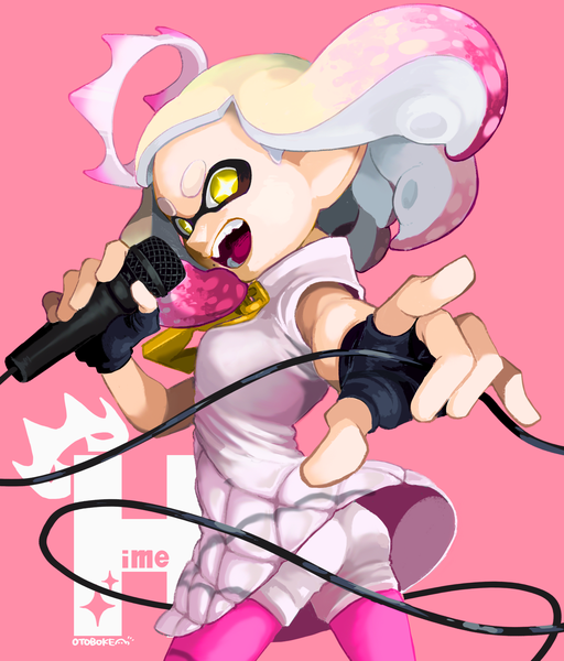 Anime picture 1862x2183 with splatoon splatoon 2 nintendo hime (splatoon) otoboke-san single tall image looking at viewer highres short hair open mouth simple background yellow eyes :d teeth symbol-shaped pupils gradient hair eyebrows pink background + +