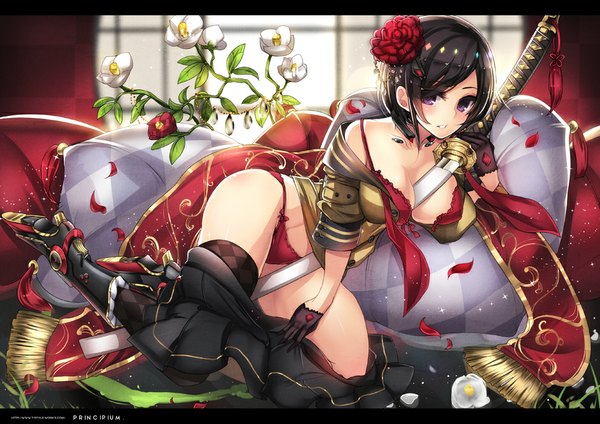 Anime picture 941x665 with original t-track (artist) single short hair breasts light erotic black hair large breasts purple eyes bare shoulders holding bent knee (knees) parted lips pleated skirt hair flower open clothes open skirt girl thighhighs skirt