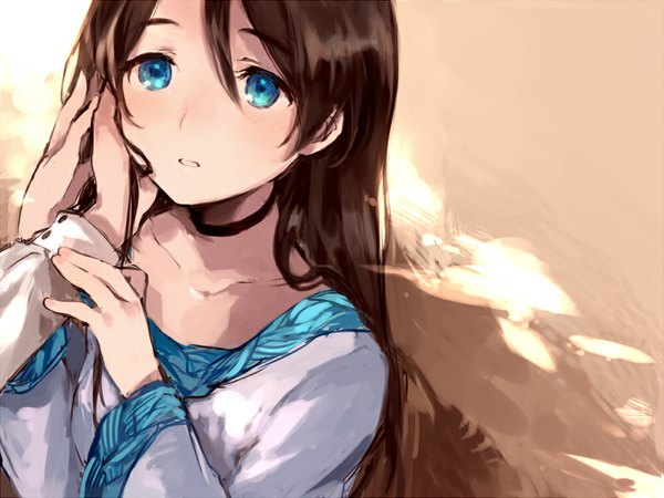 Anime picture 1000x751 with original tan (tangent) long hair looking at viewer open mouth blue eyes brown hair long sleeves close-up girl choker hand