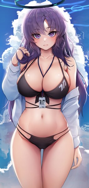 Anime picture 3215x6757 with blue archive yuuka (blue archive) doyoon 7 single long hair tall image looking at viewer blush fringe highres breasts light erotic hair between eyes large breasts standing purple eyes absurdres sky cleavage purple hair