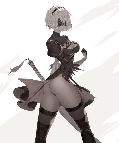 Anime-Bild 3000x3600 mit nier nier:automata yorha no. 2 type b aruku single tall image fringe highres short hair breasts light erotic simple background standing holding cleavage ass white hair mole puffy sleeves cleavage cutout