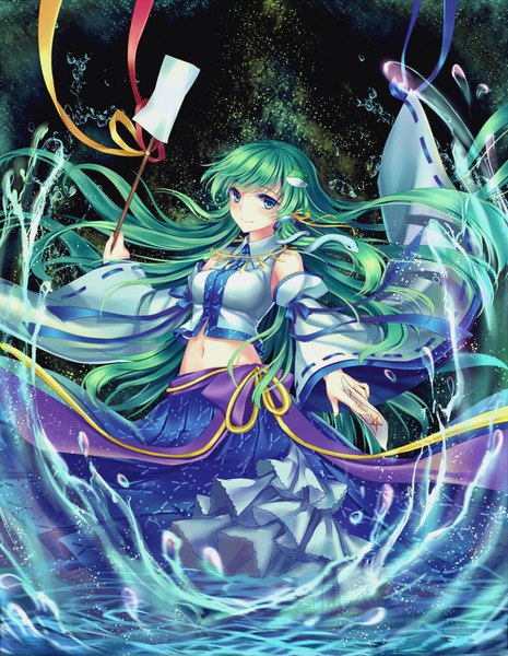 Anime picture 1000x1290 with touhou kochiya sanae mirror (xilu4) single long hair tall image looking at viewer fringe smile green eyes green hair wide sleeves midriff floating hair girl navel hair ornament detached sleeves water gohei