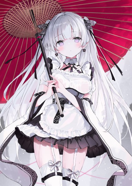 Anime picture 955x1351 with original nanananana single long hair tall image looking at viewer blush fringe breasts purple eyes holding silver hair blunt bangs head tilt wide sleeves short sleeves maid two side up puffy sleeves thigh gap