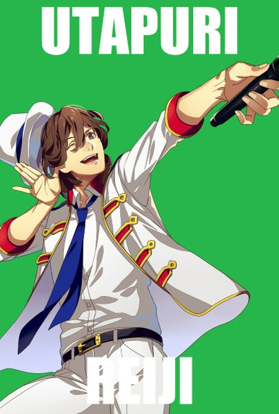 Anime picture 811x1200 with uta no prince-sama a-1 pictures kotobuki reiji single tall image open mouth simple background brown hair holding brown eyes one eye closed fingernails wink teeth copyright name character names outstretched arm happy open collar green background