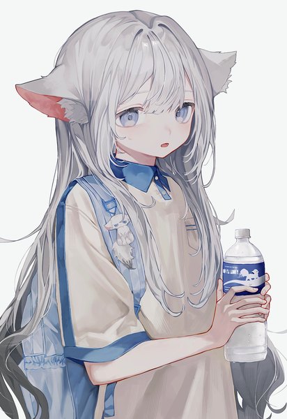 Anime picture 1405x2048 with original pocari sweat shou (mori boro) single long hair tall image open mouth blue eyes simple background white background animal ears silver hair upper body :o wolf ears brand name imitation girl bottle backpack trinket