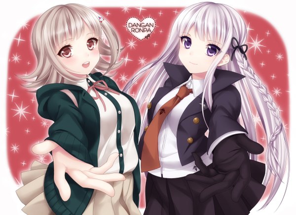 Anime picture 2500x1824 with dangan ronpa kirigiri kyouko nanami chiaki miya (tsumazukanai) long hair blush highres short hair open mouth smile purple eyes multiple girls brown eyes silver hair braid (braids) girl gloves uniform 2 girls school uniform