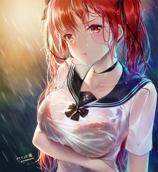 Anime picture 768x836 with azur lane honolulu (azur lane) honolulu (umbrella girl) (azur lane) paint musume single long hair tall image looking at viewer blush fringe breasts light erotic hair between eyes large breasts twintails signed upper body red hair head tilt short sleeves