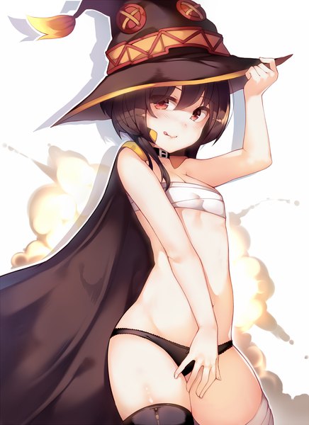 Anime picture 2000x2749 with kono subarashii sekai ni shukufuku wo! studio deen megumin kimoshi single tall image looking at viewer blush fringe highres short hair breasts light erotic simple background hair between eyes red eyes brown hair standing white background cleavage