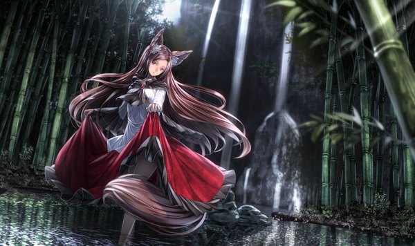 Anime picture 1682x1000 with touhou imaizumi kagerou ryosios single long hair looking at viewer red eyes brown hair wide image animal ears tail animal tail sunlight partially submerged wolf ears wolf tail wolf girl waterfall bamboo forest girl