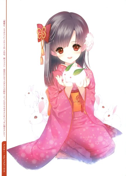 Anime picture 2175x3030 with shirahane nao single long hair tall image looking at viewer blush highres open mouth white background sitting holding brown eyes japanese clothes hair flower grey hair scan girl hair ornament kimono hairclip