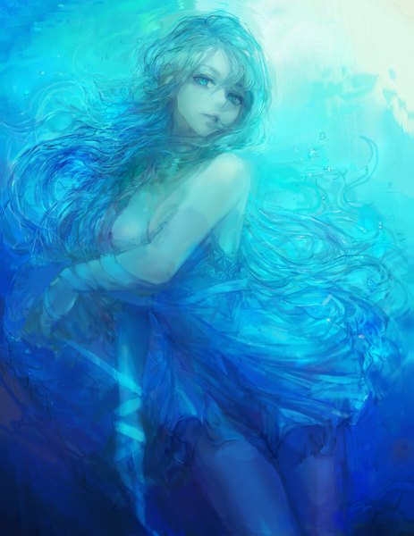 Anime picture 1391x1800 with original misshu single tall image looking at viewer fringe breasts blue eyes bare shoulders holding blue hair very long hair parted lips lips outstretched arm pale skin underwater revision girl dress