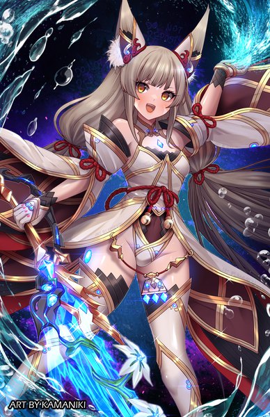 Anime picture 800x1236 with xenoblade xenoblade 2 nia (xenoblade) nia (blade) (xenoblade) kamaniki single long hair tall image open mouth light erotic brown hair standing twintails animal ears yellow eyes :d low twintails magic glowing girl