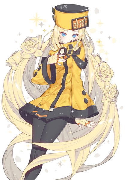 Anime picture 1000x1414 with guilty gear guilty gear xrd millia rage ronopu single tall image looking at viewer blush blue eyes blonde hair simple background white background very long hair long sleeves sparkle girl gloves flower (flowers) hat pantyhose