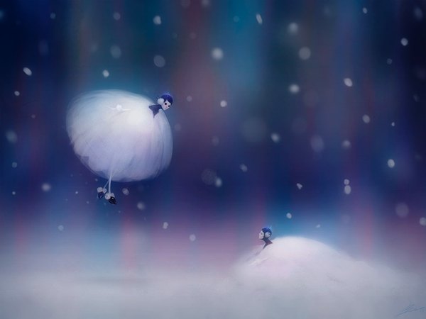 Anime picture 1024x768 with original bao pham (artist) multiple girls snowing winter snow fantasy weightlessness minigirl fairy aurora borealis girl 2 girls