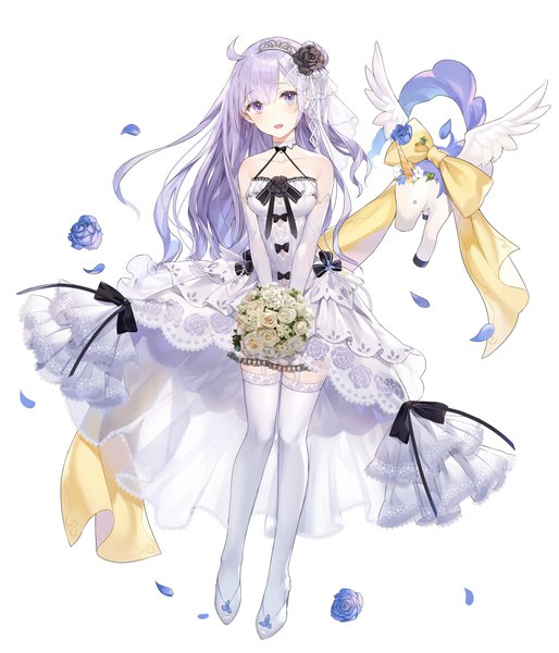 Anime picture 1000x1168 with azur lane unicorn (azur lane) kim eb single long hair tall image looking at viewer blush fringe open mouth simple background hair between eyes standing white background purple eyes holding purple hair full body ahoge hair flower