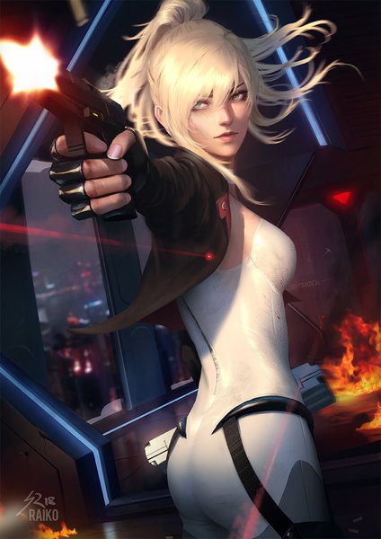 Anime picture 800x1132 with original tess turner raikoart single long hair tall image fringe breasts light erotic blonde hair hair between eyes standing holding signed payot looking away ass ponytail indoors nail polish