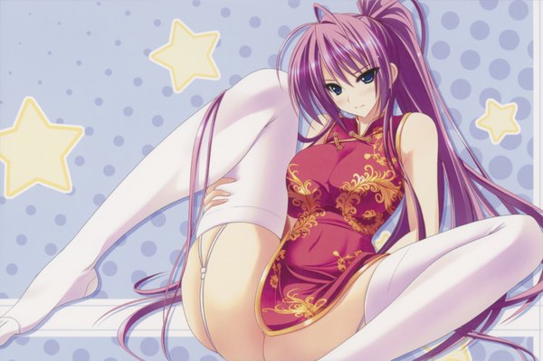 Anime picture 3330x2218 with hoshizora e kakaru hashi doga kobo sakai hina long hair blush highres light erotic green eyes absurdres purple hair ponytail japanese clothes spread legs chinese clothes girl thighhighs white thighhighs kimono star (symbol) chinese dress