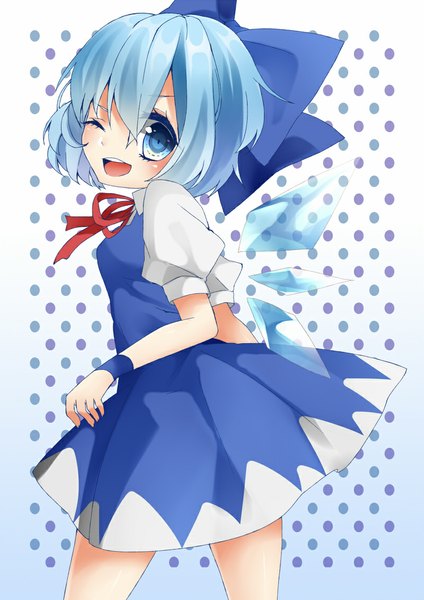 Anime picture 800x1131 with touhou cirno kyouda suzuka single tall image looking at viewer blush short hair open mouth blue eyes blue hair one eye closed wink polka dot polka dot background girl dress bow hair bow wings