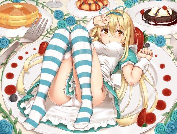 Anime picture 1500x1142 with alice in wonderland alice (wonderland) reinama single long hair looking at viewer blush fringe breasts light erotic blonde hair hair between eyes yellow eyes payot full body lying from above on back pantyshot no shoes