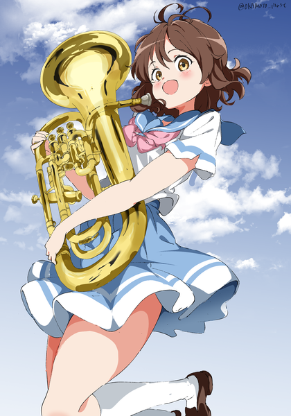 Anime picture 2864x4093 with hibike! euphonium kyoto animation oumae kumiko white gorilla (okamoto) single tall image looking at viewer blush fringe highres short hair open mouth hair between eyes brown hair signed yellow eyes sky cloud (clouds) :d twitter username