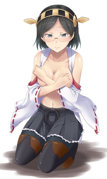 Anime picture 1150x1920 with kantai collection kirishima battleship takahan single tall image looking at viewer blush short hair breasts blue eyes light erotic black hair smile white background girl hair ornament detached sleeves glasses