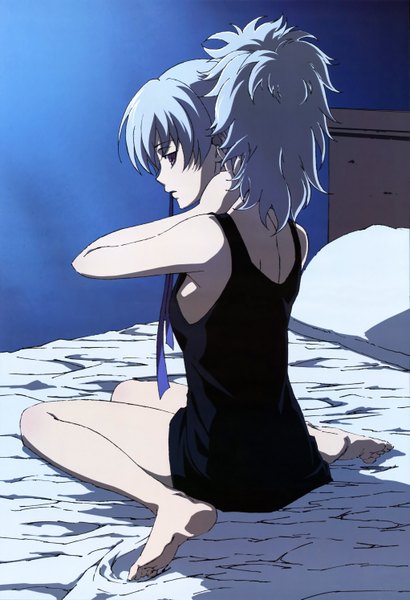 Anime picture 4084x5972 with darker than black studio bones yin (darker than black) single tall image highres simple background sitting purple eyes absurdres silver hair ponytail looking back girl ribbon (ribbons) hair ribbon pillow bed