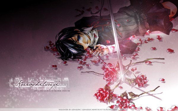 Anime picture 1920x1200 with kuroshitsuji a-1 pictures ciel phantomhive highres short hair blue eyes wide image blue hair lying inscription aristocrat boy weapon petals sword rose (roses) eyepatch