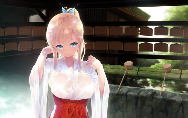 Anime picture 5102x3189 with boku wa tomodachi ga sukunai kashiwazaki sena cait single long hair looking at viewer fringe highres breasts blue eyes light erotic blonde hair smile hair between eyes large breasts standing payot absurdres ponytail traditional clothes