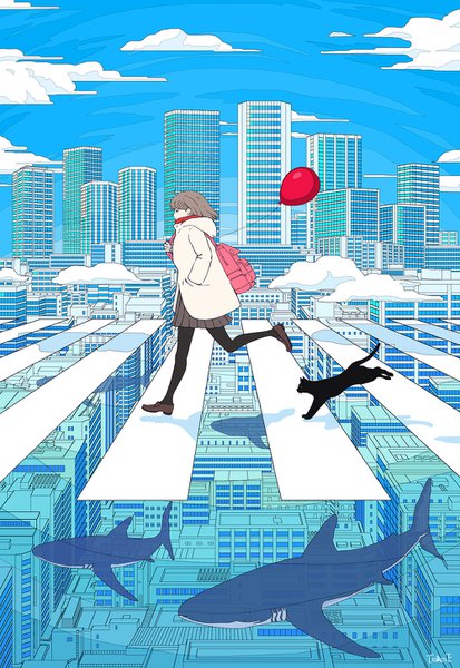 Anime picture 1000x1450 with original seraphitalg single tall image short hair brown hair sky cloud (clouds) full body profile city cityscape hand in pocket running crosswalk girl animal pantyhose black pantyhose building (buildings)