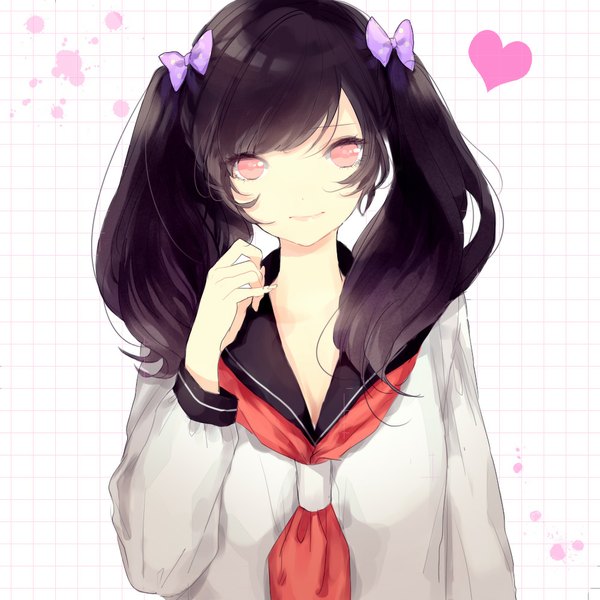 Anime picture 1000x1000 with original dosmogel single long hair looking at viewer black hair simple background white background twintails pink eyes light smile girl bow hair bow serafuku