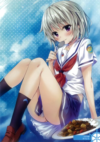 Anime picture 2699x3840 with high school fleet tateishi shima oryou single tall image looking at viewer blush highres short hair light erotic purple eyes grey hair scan official art girl skirt miniskirt socks food black socks